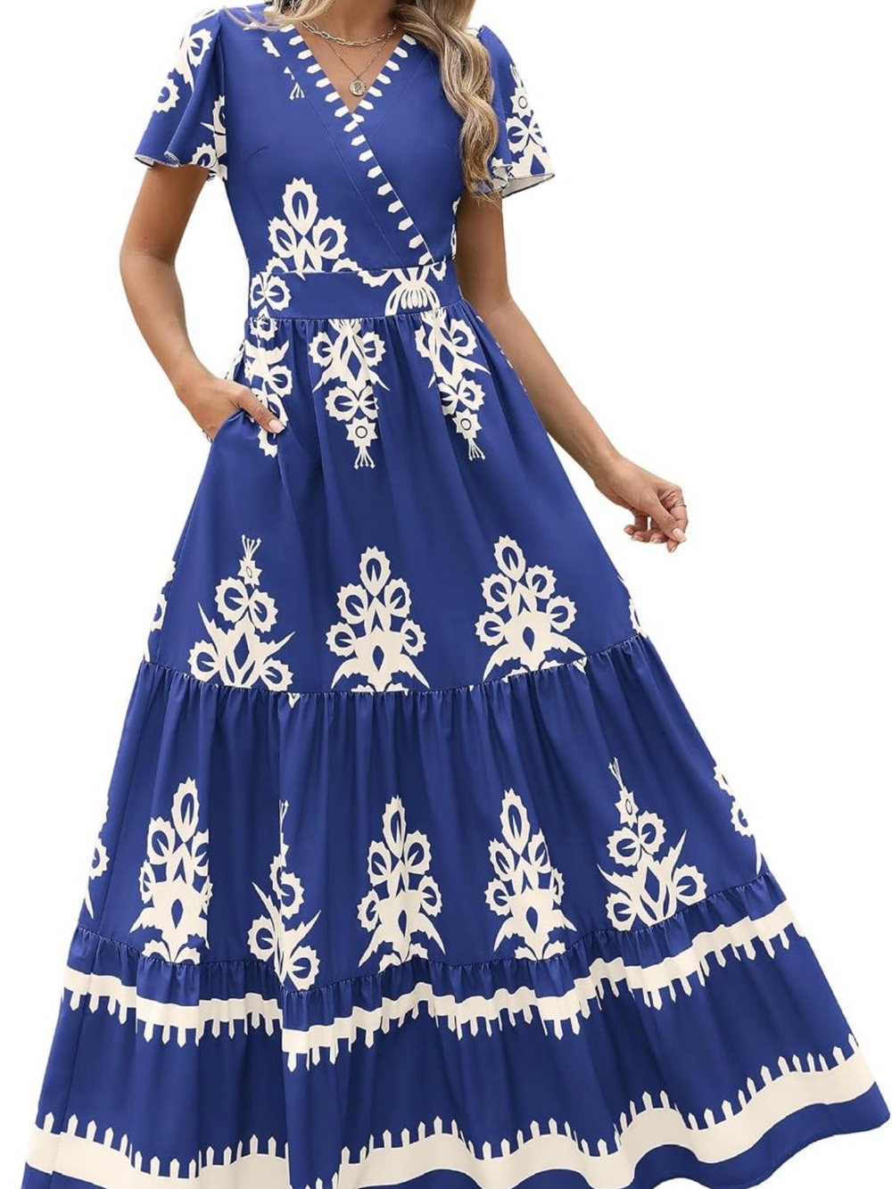PRETTYGARDEN Women’s Floral BOHO Maxi dress V-neck wrap tiered flowy pockets L